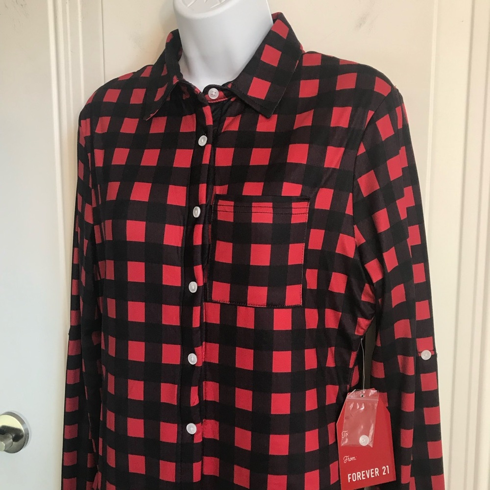 🔴 4/$15 Forever 21 Women’s S Red & Black Plaid Sherpa Lined Button Up Shirt NWT - Picture 8 of 16
